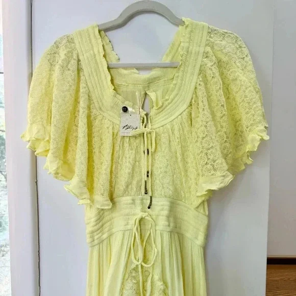 NWT Free People Dancing On Air Maxi Dress Summer Lace Flowy Boho Yellow